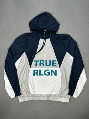 True Religion Men’s Windbreaker Size L Jacket Half Zip Hooded Anorak Colorblock